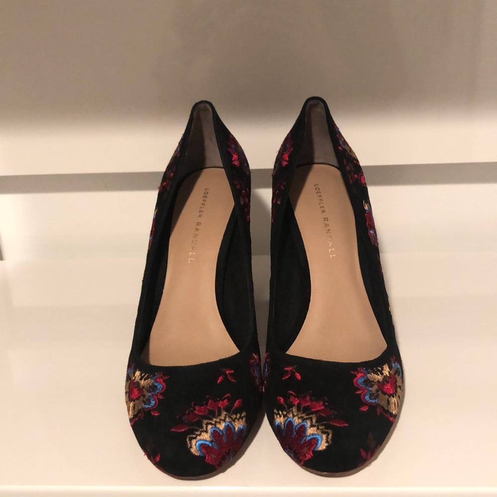 Loeffler Randall black suede stacked heel
